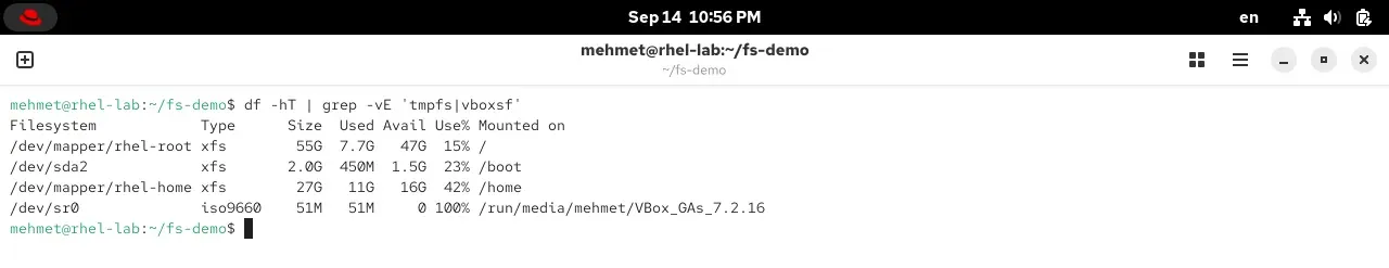RHEL 10.2 terminalinde df -hT çıktısı: kök, boot ve home dosya sistemleri ve bağlama noktaları