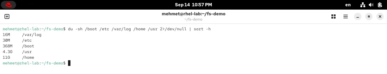 RHEL 10.2 terminalinde du -sh ile klasör boyutları, sort -h ile sıralı