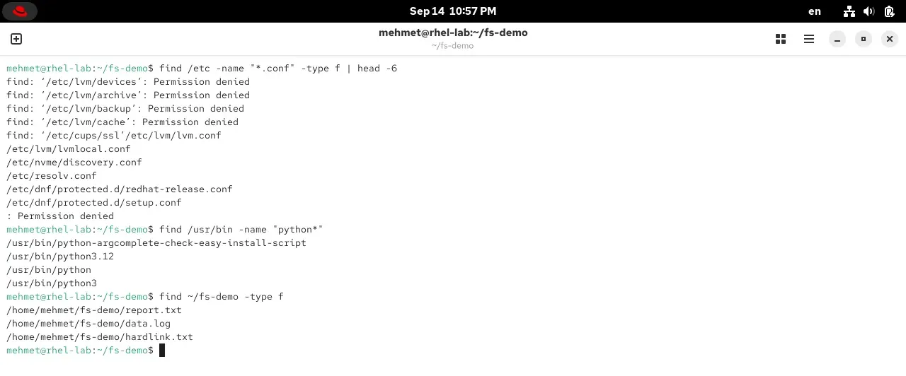RHEL 10.2 terminalinde find komutu: ada göre, tipe göre arama ve Permission denied uyarıları