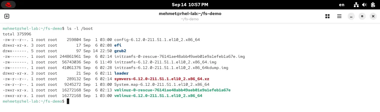 RHEL 10.2 terminalinde ls -l /boot çıktısı: vmlinuz, initramfs, grub2, config dosyaları