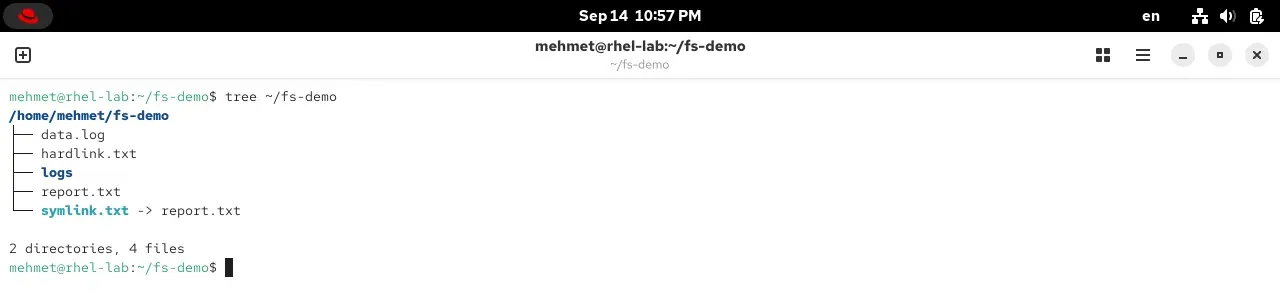 RHEL 10.2 terminalinde tree ~/fs-demo çıktısı: klasör ağacı görsel biçimde