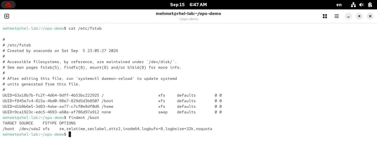 RHEL 10.2 terminalinde cat /etc/fstab ve findmnt /boot çıktıları