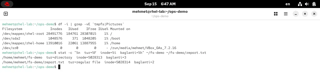 RHEL 10.2 terminalinde df -i ile inode sayıları ve stat ile dizin/dosya bağlantı sayıları