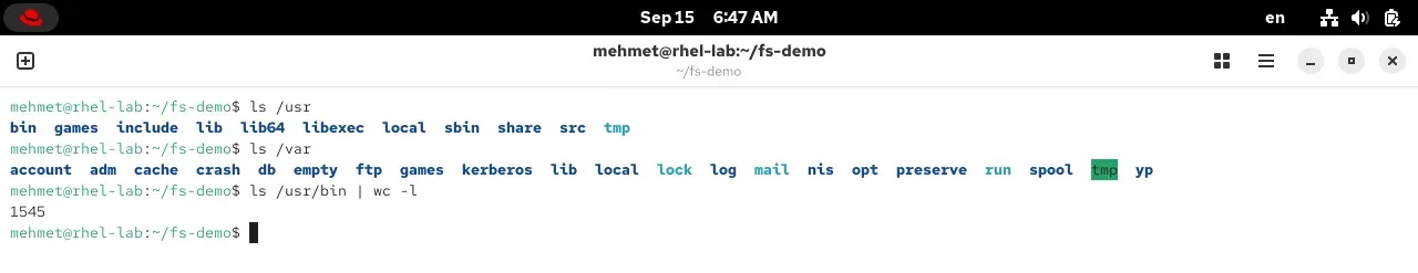 RHEL 10.2 terminalinde ls /usr ve ls /var çıktıları, /usr/bin komut sayısı