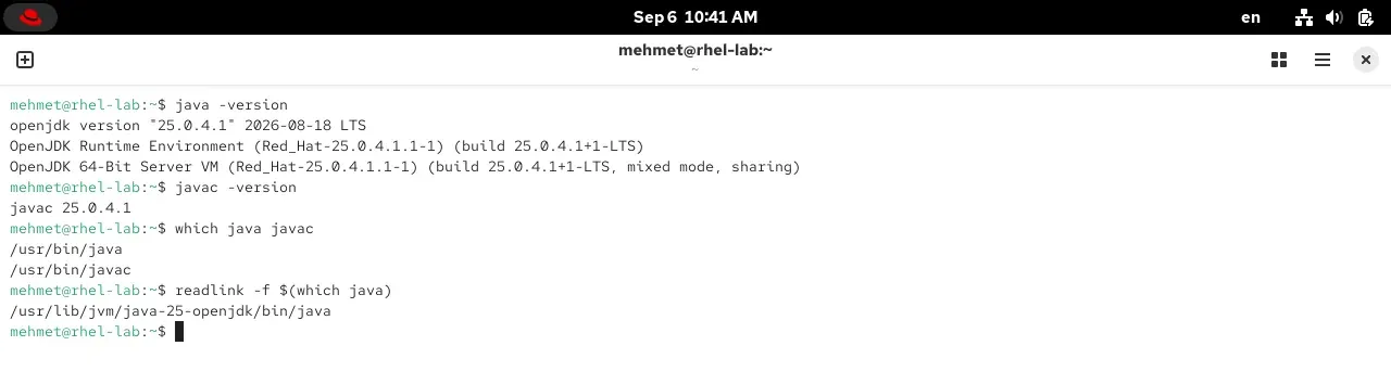 RHEL 10.2 terminalinde java -version, javac -version, which java ve readlink çıktıları