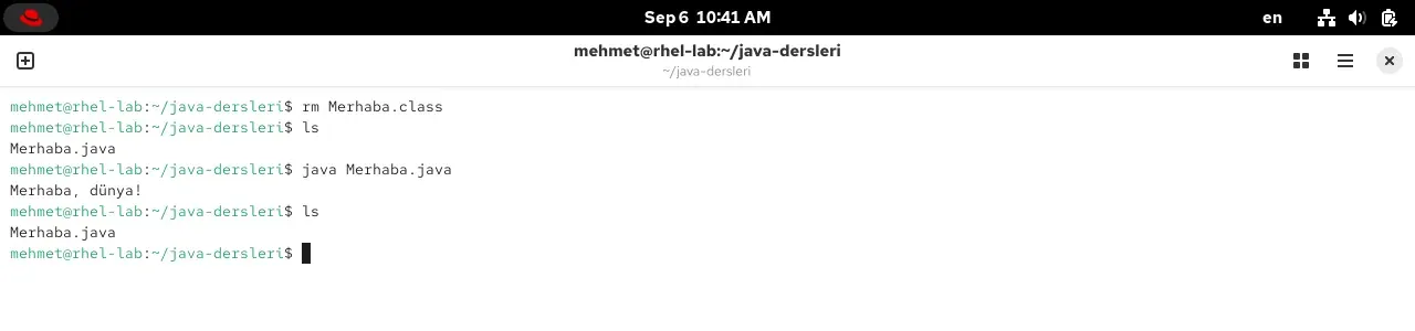 RHEL 10.2 terminalinde rm Merhaba.class, ls, java Merhaba.java ve tekrar ls çıktıları; .class dosyası oluşmadı