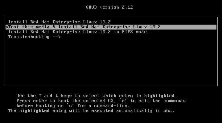 RHEL 10.2 GRUB açılış menüsü