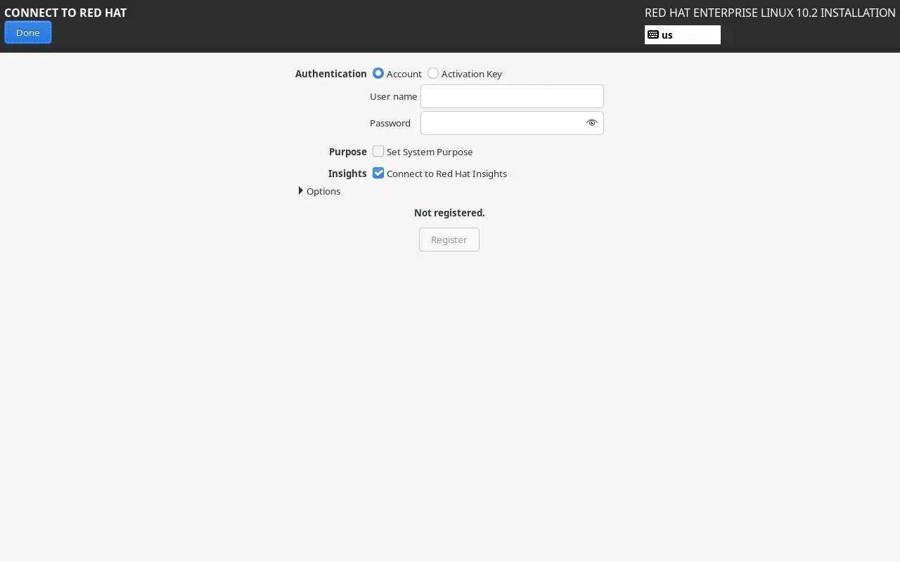 RHEL 10.2 Connect to Red Hat ekranı
