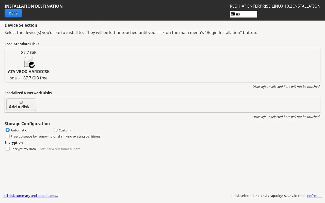 RHEL 10.2 kurulum hedefi ekranı