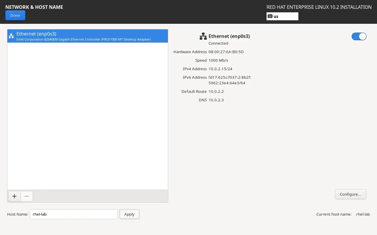 RHEL 10.2 ağ ve makine adı ekranı