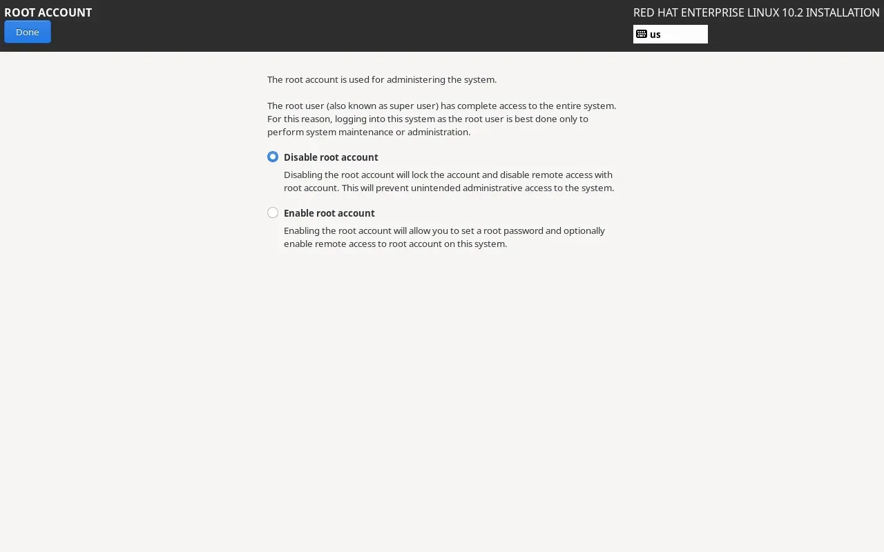 RHEL 10.2 root hesabı ekranı