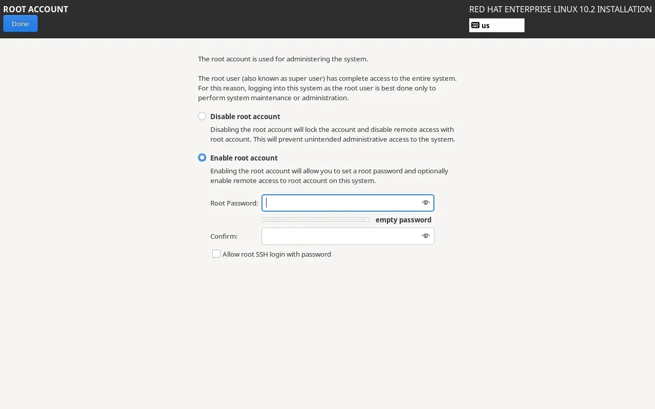 RHEL 10.2 root hesabı etkin ekranı