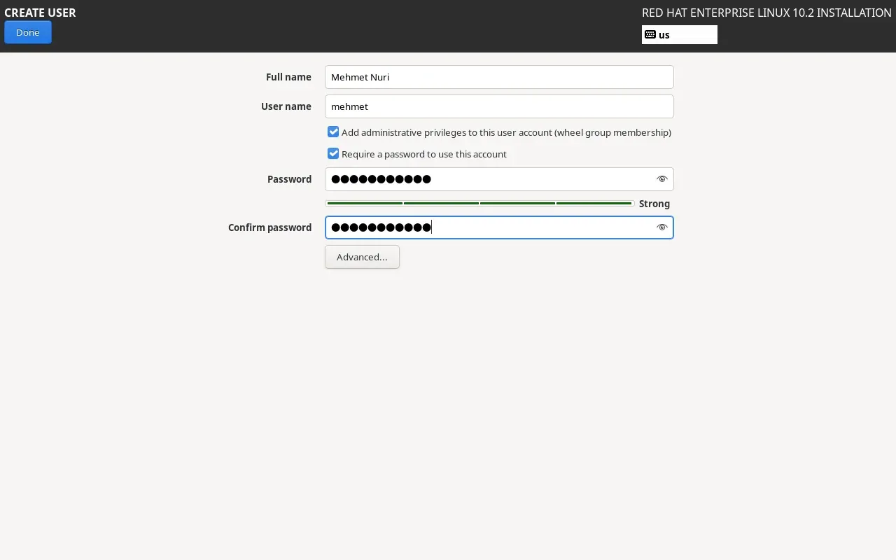RHEL 10.2 kullanıcı oluşturma ekranı
