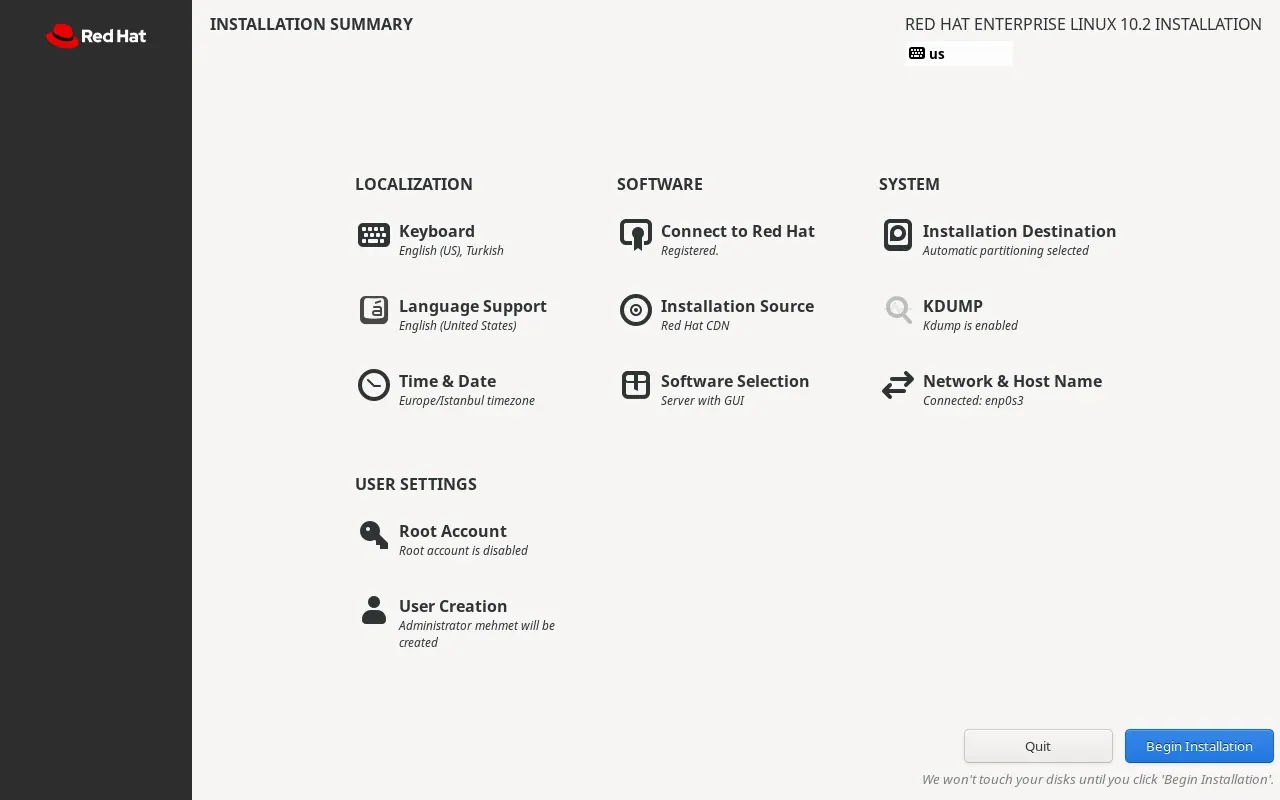 RHEL 10.2 özet ekranı, kuruluma hazır