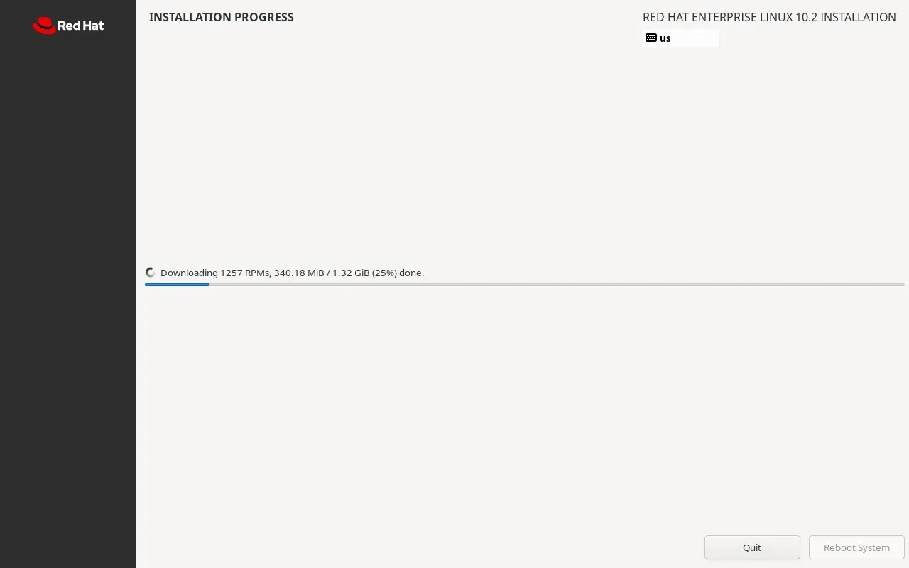 RHEL 10.2 kurulum ilerleme ekranı