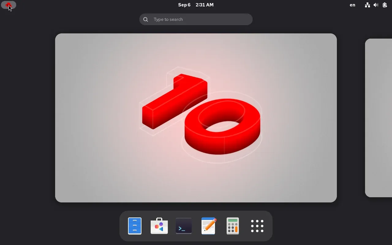 RHEL 10.2 GNOME Activities görünümü