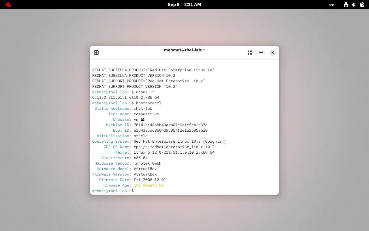 RHEL 10.2 terminalinde os-release, uname ve hostnamectl çıktısı