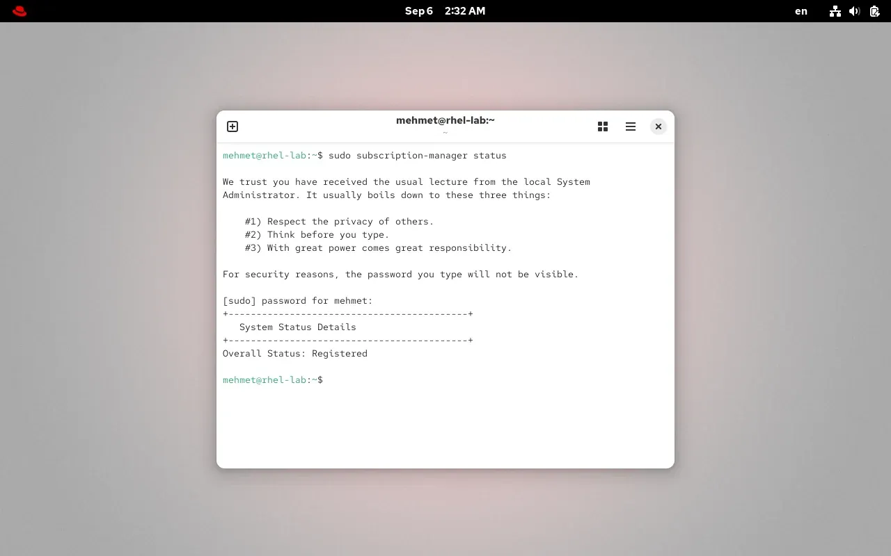 RHEL 10.2 terminalinde sudo subscription-manager status çıktısı
