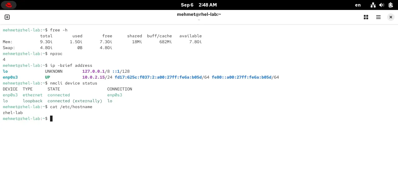 RHEL 10.2 terminalinde free, nproc, ip ve nmcli çıktıları