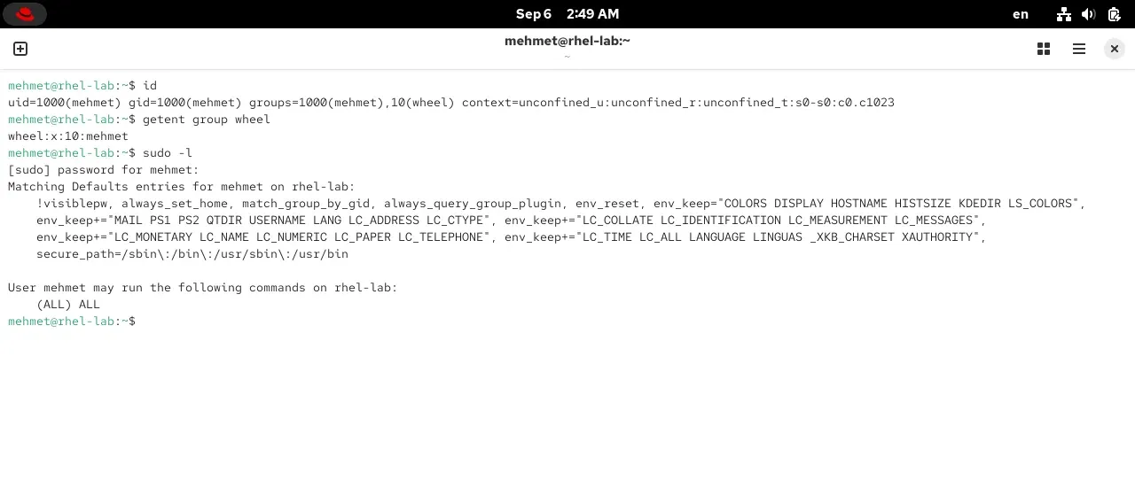 RHEL 10.2 terminalinde id, getent group wheel ve sudo -l çıktısı