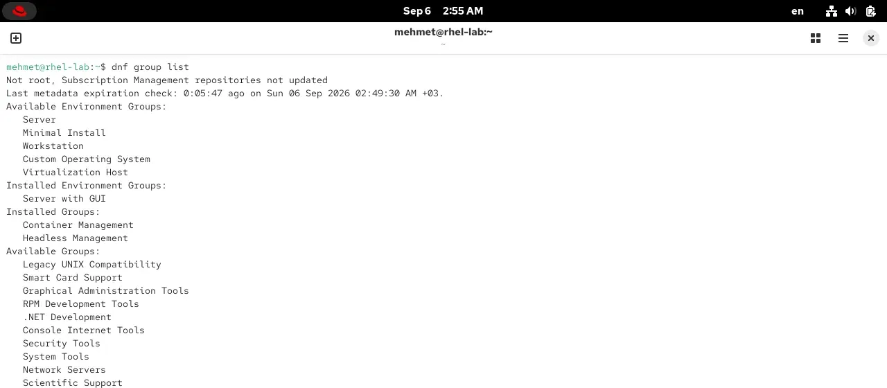 RHEL 10.2 terminalinde dnf group list çıktısı