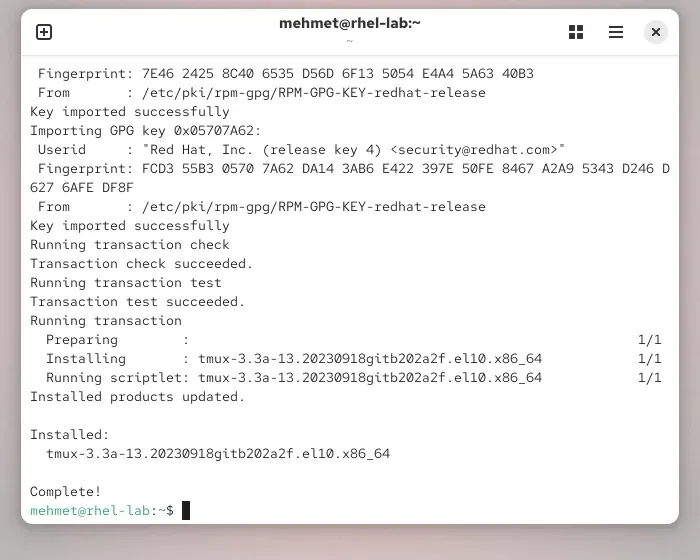 RHEL 10.2 terminalinde dnf install tmux çıktısı