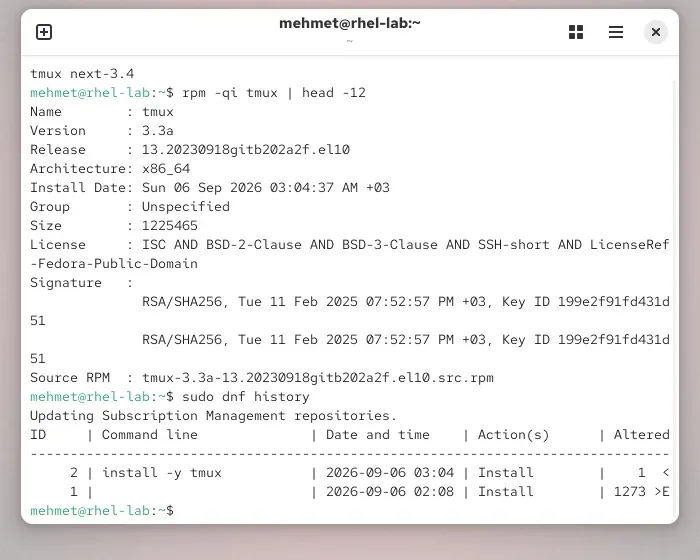 RHEL 10.2 terminalinde rpm -qi tmux ve dnf history çıktısı