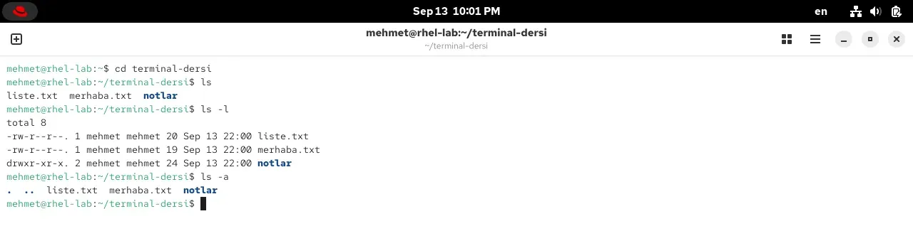 RHEL 10.2 terminalinde ls, ls -l ve ls -a komutlarının çıktıları