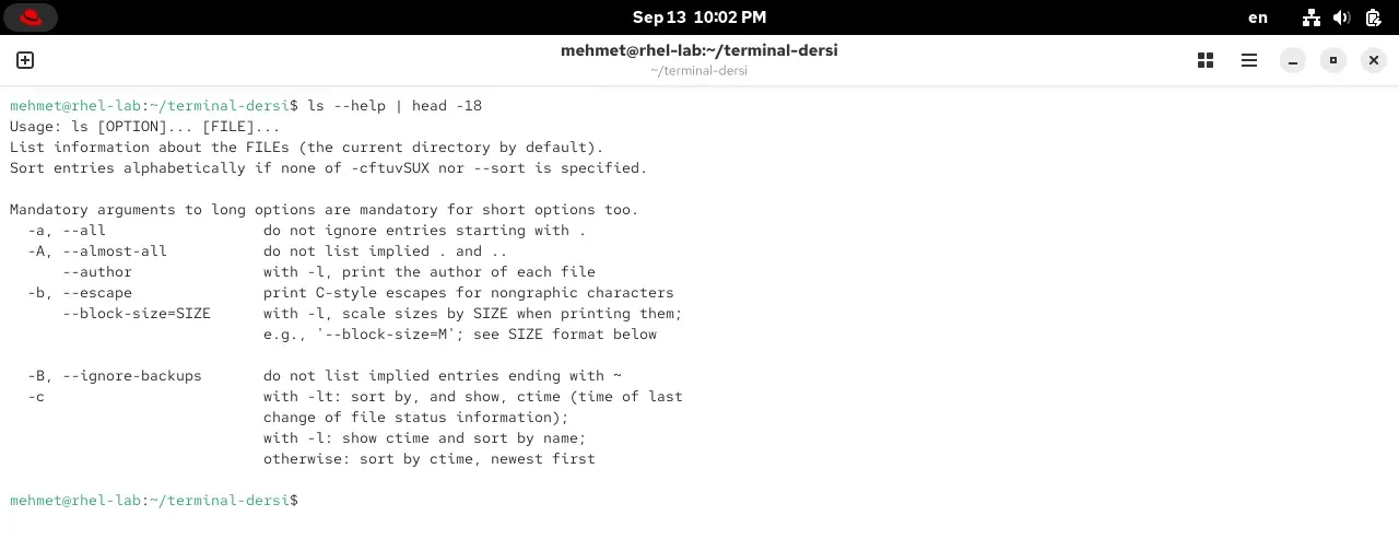 RHEL 10.2 terminalinde ls --help komutunun çıktısının başı