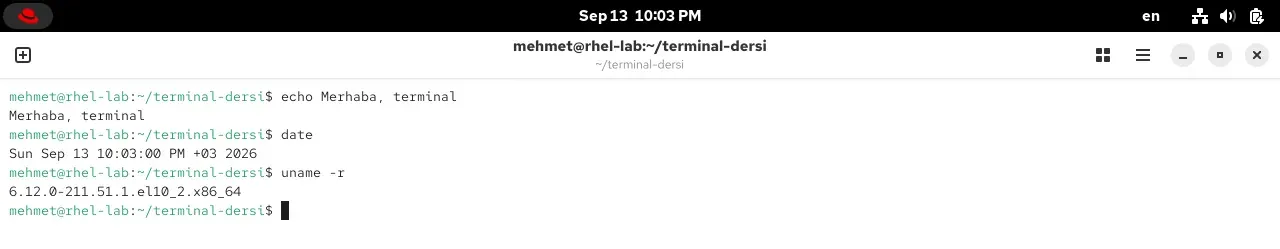 RHEL 10.2 terminalinde echo, date ve uname -r komutları