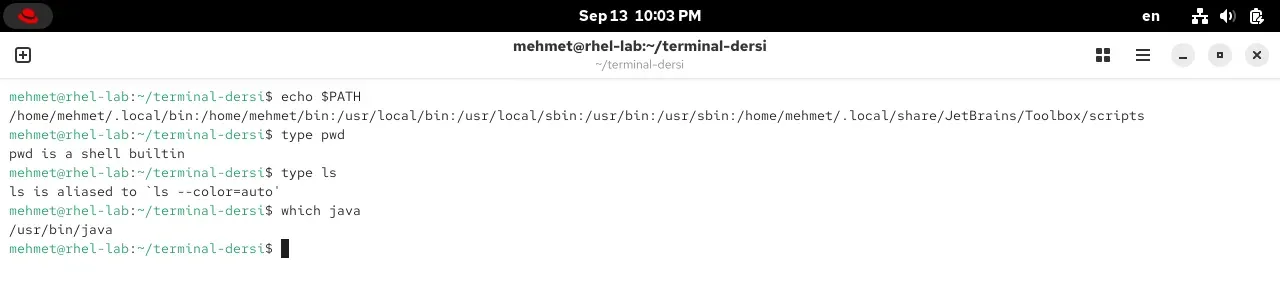 RHEL 10.2 terminalinde echo $PATH, type pwd, type ls ve which java çıktıları