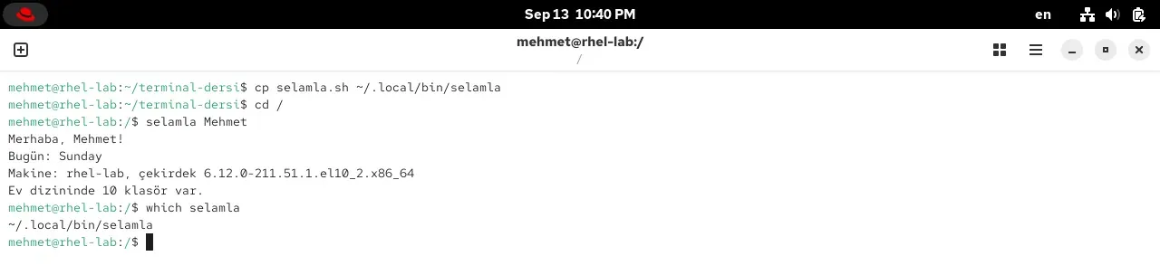 RHEL 10.2 terminalinde betiği ~/.local/bin'e kopyalayıp her dizinden çalıştırma