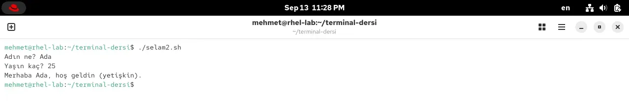 RHEL 10.2 terminalinde read komutuyla kullanıcıdan girdi alan selam2.sh betiği