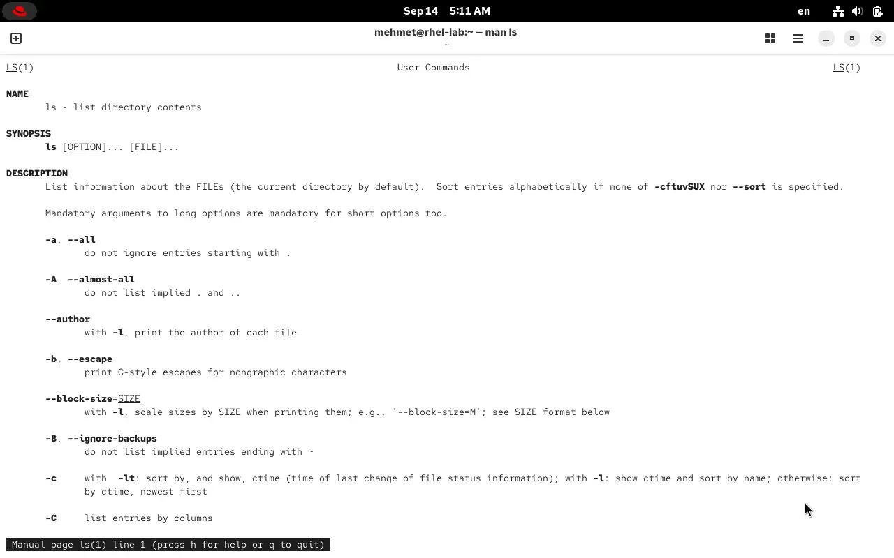 The man ls manual page in a RHEL 10.2 terminal