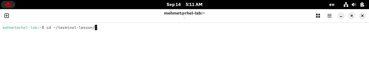 Autocompletion with Tab in a RHEL 10.2 terminal: typing cd ~/ter and pressing Tab becomes cd ~/terminal-lesson/
