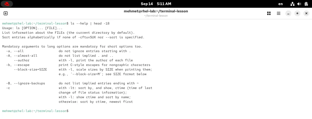 The beginning of the ls --help output in a RHEL 10.2 terminal