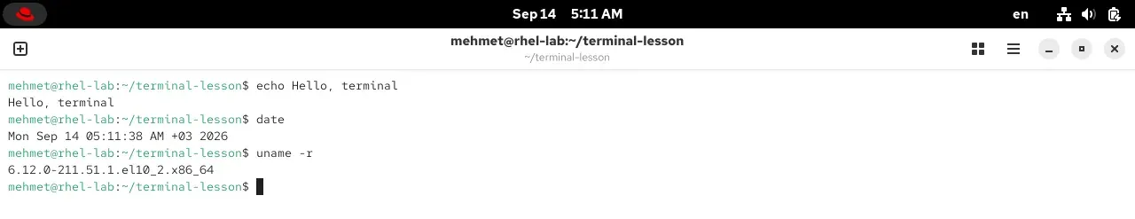 The echo, date and uname -r commands in a RHEL 10.2 terminal