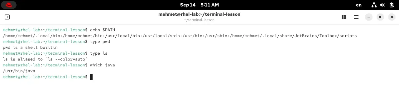 The output of echo $PATH, type pwd, type ls and which java in a RHEL 10.2 terminal