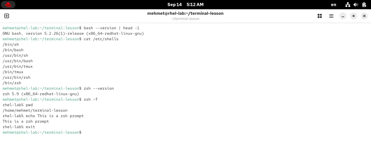 bash --version, cat /etc/shells, zsh --version and switching into zsh in a RHEL 10.2 terminal