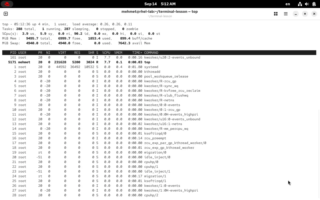 The top command in a RHEL 10.2 terminal: a full-screen, live process monitor