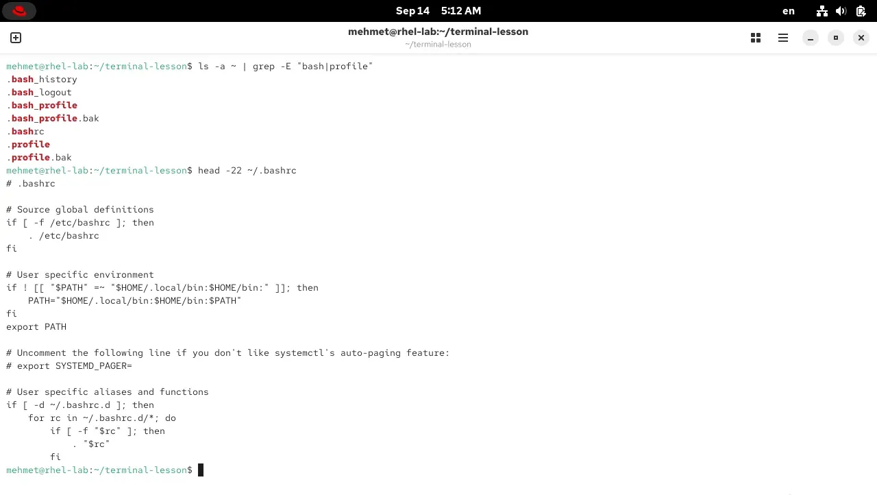 The bash files in the home directory and the default .bashrc content in a RHEL 10.2 terminal