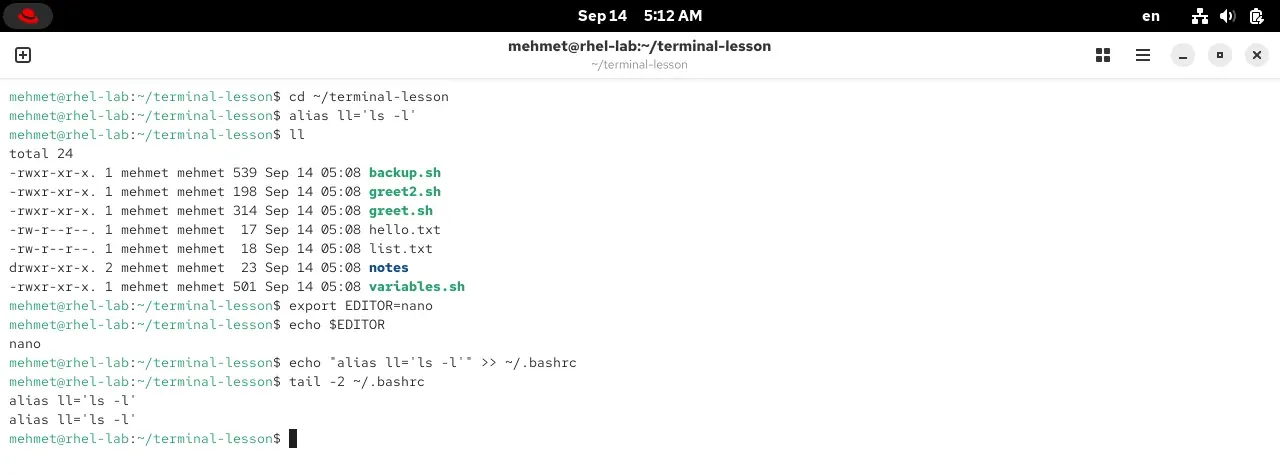 Defining an alias, an environment variable and appending to .bashrc in a RHEL 10.2 terminal