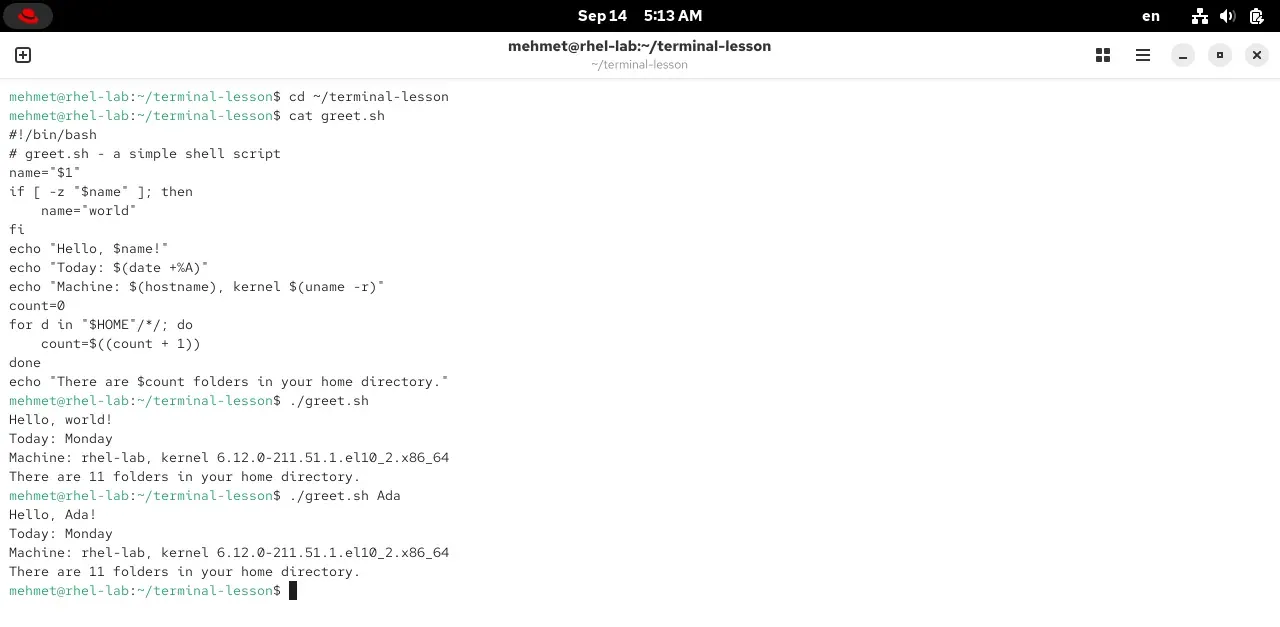 The contents of greet.sh and running it twice in a RHEL 10.2 terminal