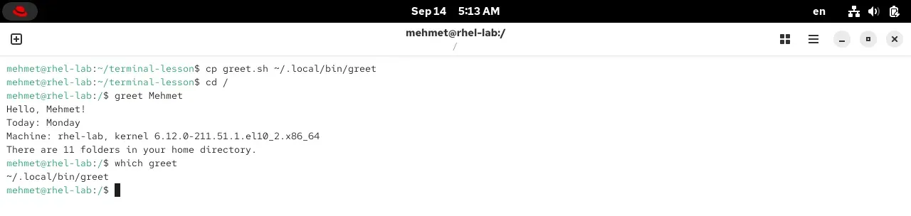Copying the script to ~/.local/bin and running it from any directory in a RHEL 10.2 terminal