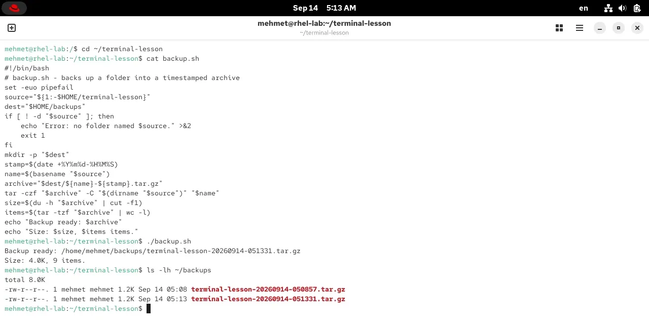 The backup.sh script and running it in a RHEL 10.2 terminal: it creates a timestamped tar.gz archive