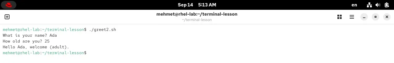 The greet2.sh script taking input from the user with read in a RHEL 10.2 terminal
