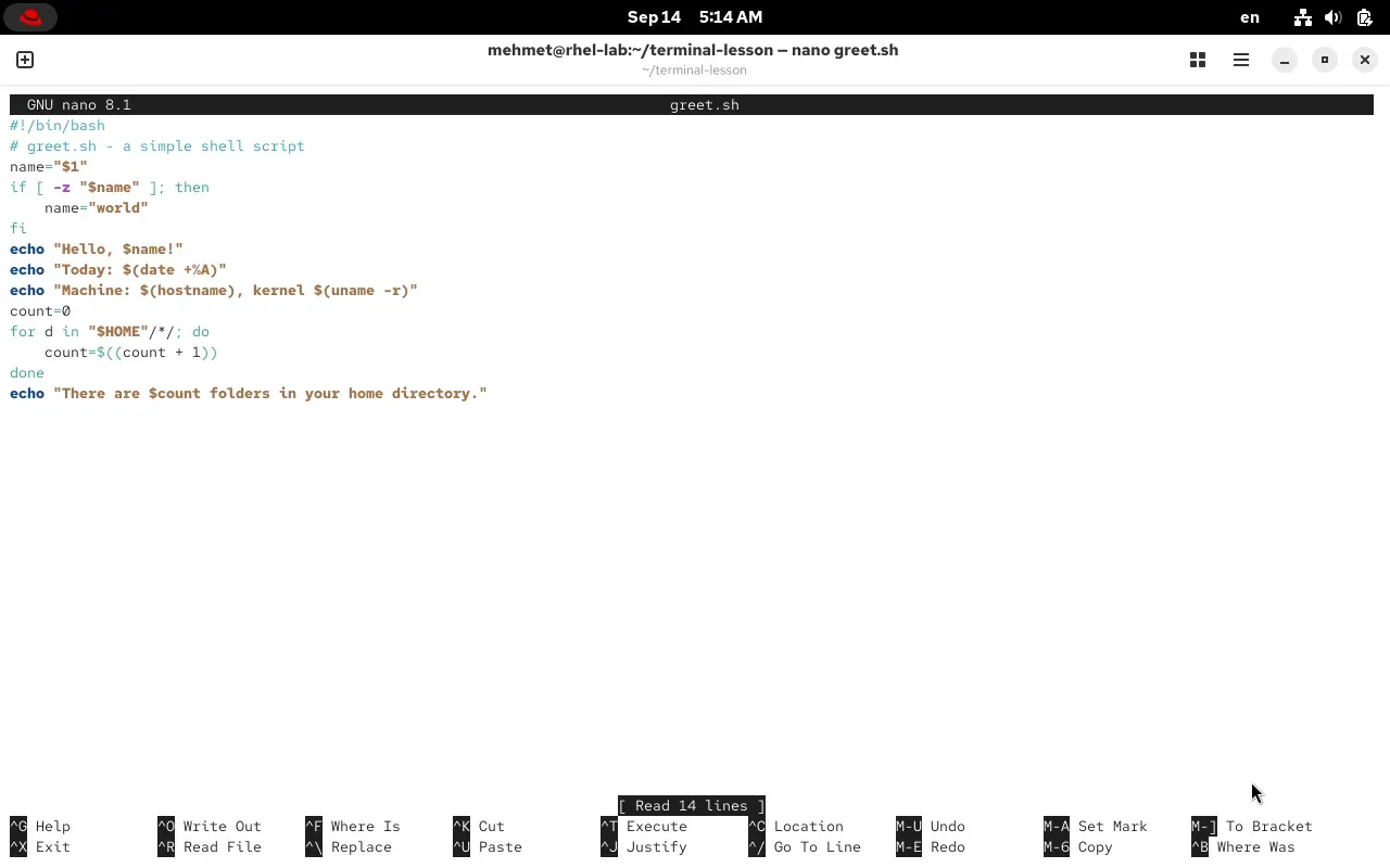 The greet.sh file in the nano editor in a RHEL 10.2 terminal