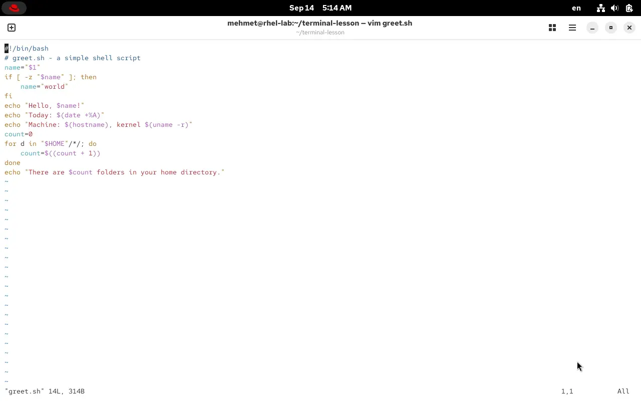 The greet.sh file in the vim editor in a RHEL 10.2 terminal