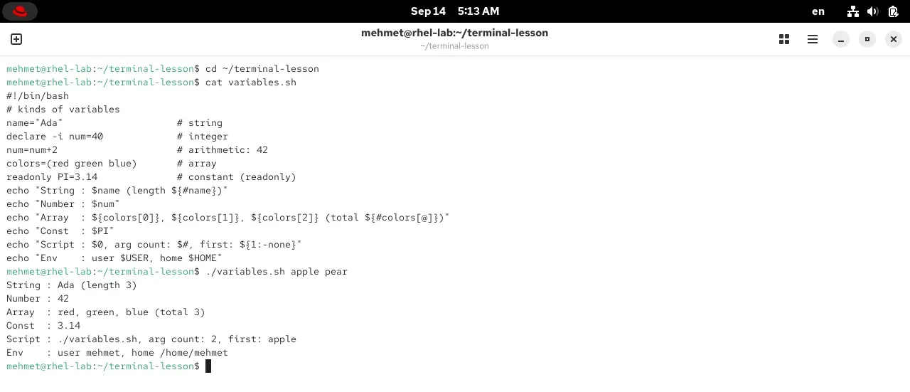 The variables.sh script showing kinds of variables and its output in a RHEL 10.2 terminal